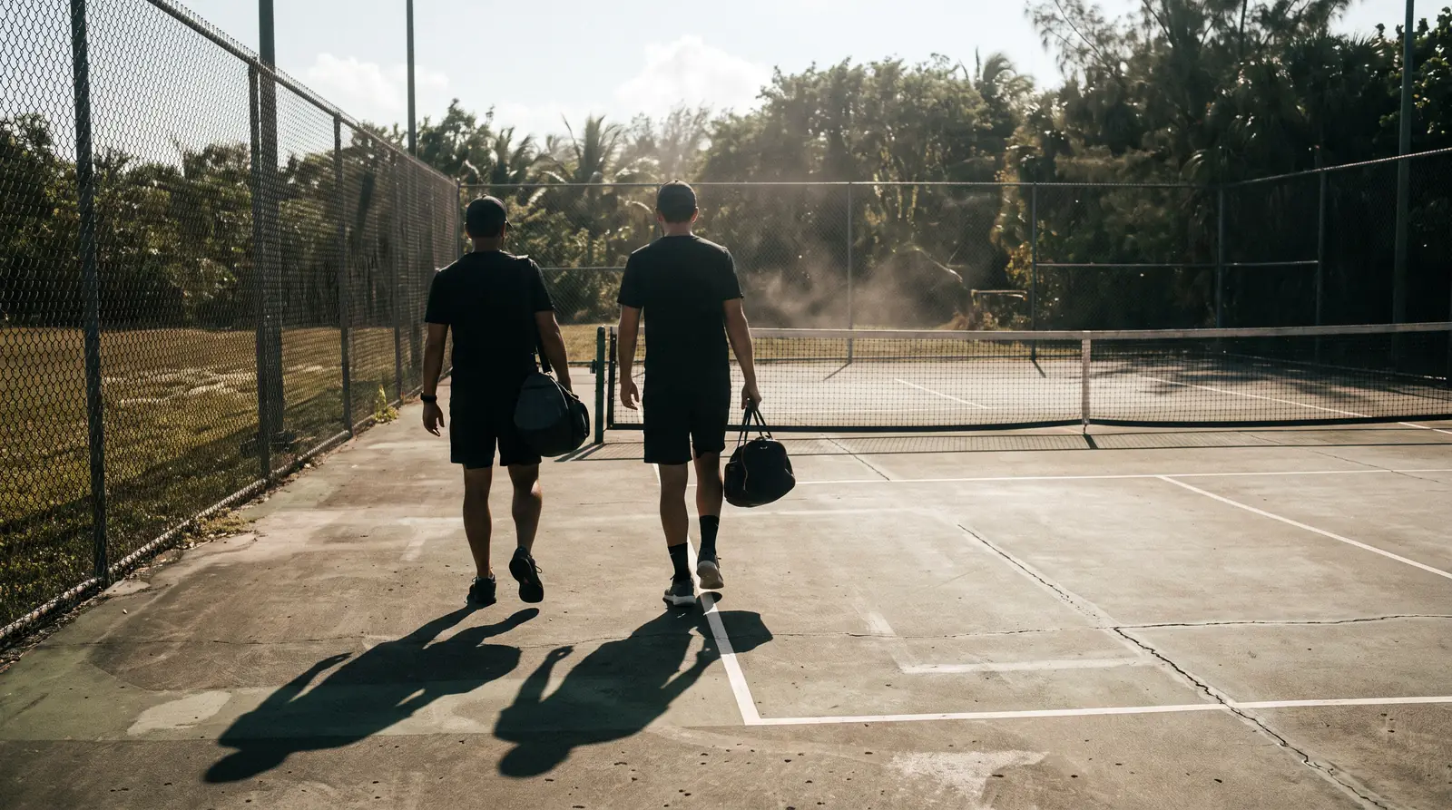Two players walking off court, kit bags over shoulders