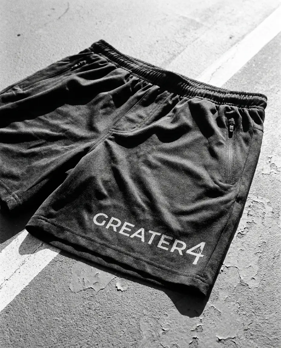 Rally Short — 7in inseam, four-way stretch, two zip pockets that hold a phone still.