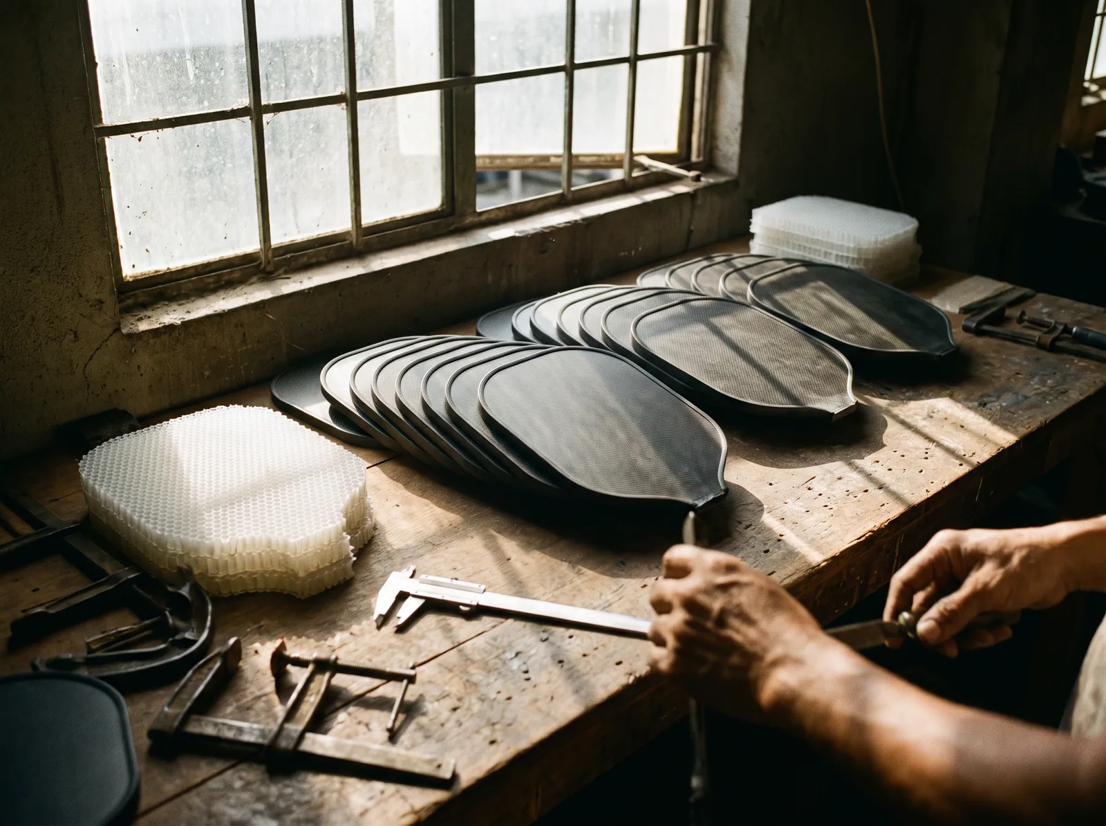 A workshop bench with raw carbon paddle faces laid out